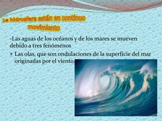 -Las aguas de los océanos y de los mares se mueven
debido a tres fenómenos
 Las olas, que son ondulaciones de la superficie del mar
originadas por el viento.
 
