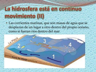  Las corrientes marinas, que son masas de agua que se
desplazan de un lugar a otro dentro del propio océano,
como si fueran ríos dentro del mar
 