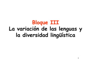 1
Bloque III
La variación de las lenguas y
la diversidad lingüística
 