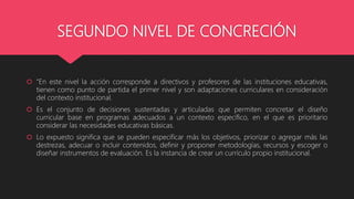 SEGUNDO NIVEL DE CONCRECIÓN
“En este nivel la acción corresponde a directivos y profesores de las instituciones educativas,
tienen como punto de partida el primer nivel y son adaptaciones curriculares en consideración
del contexto institucional.
Es el conjunto de decisiones sustentadas y articuladas que permiten concretar el diseño
curricular base en programas adecuados a un contexto específico, en el que es prioritario
considerar las necesidades educativas básicas.
Lo expuesto significa que se pueden especificar más los objetivos, priorizar o agregar más las
destrezas, adecuar o incluir contenidos, definir y proponer metodologías, recursos y escoger o
diseñar instrumentos de evaluación. Es la instancia de crear un currículo propio institucional.