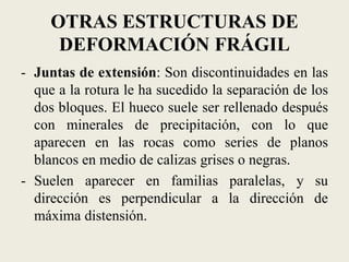 OTRAS ESTRUCTURAS DE
DEFORMACIÓN FRÁGIL
- Juntas de extensión: Son discontinuidades en las
que a la rotura le ha sucedido la separación de los
dos bloques. El hueco suele ser rellenado después
con minerales de precipitación, con lo que
aparecen en las rocas como series de planos
blancos en medio de calizas grises o negras.
- Suelen aparecer en familias paralelas, y su
dirección es perpendicular a la dirección de
máxima distensión.

 