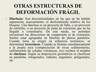 OTRAS ESTRUCTURAS DE
DEFORMACIÓN FRÁGIL
- Diaclasas: Son discontinuidades en las que no ha habido
separación, acercamiento, ni deslizamiento relativo de los
bloques. Una diaclasa es un proyecto de falla, o un proyecto
de estilolito, o un proyecto de junta de extensión que no ha
llegado a consumarse. De este modo, no permiten
reconstruir las direcciones de compresión ni de extensión.
Suelen estar agrupadas en familias de planos paralelos.
Cuando tiene su origen en esfuerzos tectónicos, se
denominan tectoclasas. Cuando se forman simultáneamente
a la propia roca (compactación de rocas sedimentarias,
enfriamiento de coladas volcánicas, etc) reciben el nombre
de sinclasas. Según su disposición geométrica se clasifican
en paralelas, ortogonales, radiales, angulares, poligonales,
etc

 