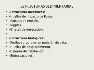 ESTRUCTURAS SEDIMENTARIAS.
•
•
•
•
•
•
•
•
•
•
•
•

-Estructuras mecánicas:
-Huellas de impacto de lluvia.
-Canales de erosión.
-Ripples.
-Grietas de desecación.
-Estructuras biológicas:
-Fósiles corporales en posición de vida.
-Huellas de desplazamiento.
-Galerías de habitación.
-Bioturbaciones.

 