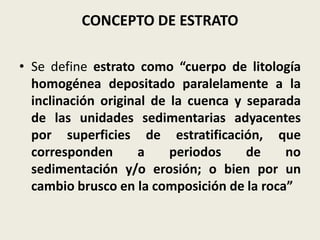 CONCEPTO DE ESTRATO
• Se define estrato como “cuerpo de litología
homogénea depositado paralelamente a la
inclinación original de la cuenca y separada
de las unidades sedimentarias adyacentes
por superficies de estratificación, que
corresponden
a
periodos
de
no
sedimentación y/o erosión; o bien por un
cambio brusco en la composición de la roca”

 