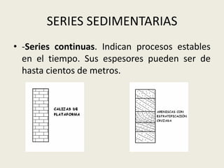 SERIES SEDIMENTARIAS
• -Series continuas. Indican procesos estables
en el tiempo. Sus espesores pueden ser de
hasta cientos de metros.

 