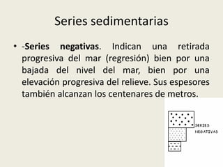 Series sedimentarias
• -Series negativas. Indican una retirada
progresiva del mar (regresión) bien por una
bajada del nivel del mar, bien por una
elevación progresiva del relieve. Sus espesores
también alcanzan los centenares de metros.

 