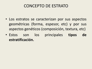 CONCEPTO DE ESTRATO
• Los estratos se caracterizan por sus aspectos
geométricas (forma, espesor, etc) y por sus
aspectos genéticos (composición, textura, etc)
• Estos son los principales tipos de
estratificación.

 
