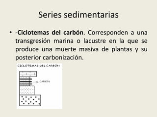 Series sedimentarias
• -Ciclotemas del carbón. Corresponden a una
transgresión marina o lacustre en la que se
produce una muerte masiva de plantas y su
posterior carbonización.

 