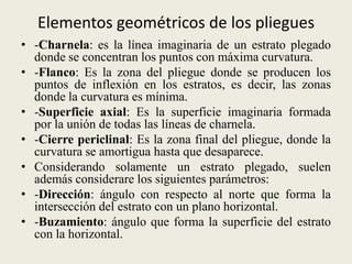 Elementos geométricos de los pliegues
• -Charnela: es la línea imaginaria de un estrato plegado
donde se concentran los puntos con máxima curvatura.
• -Flanco: Es la zona del pliegue donde se producen los
puntos de inflexión en los estratos, es decir, las zonas
donde la curvatura es mínima.
• -Superficie axial: Es la superficie imaginaria formada
por la unión de todas las líneas de charnela.
• -Cierre periclinal: Es la zona final del pliegue, donde la
curvatura se amortigua hasta que desaparece.
• Considerando solamente un estrato plegado, suelen
además considerare los siguientes parámetros:
• -Dirección: ángulo con respecto al norte que forma la
intersección del estrato con un plano horizontal.
• -Buzamiento: ángulo que forma la superficie del estrato
con la horizontal.

 