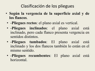 Clasificación de los pliegues
• Según la vergencia de la superficie axial y de
los flancos.
• -Pliegues rectos: el plano axial es vertical.
• -Pliegues inclinados: el plano axial está
inclinado, pero cada flanco presenta vergencia en
sentidos distintos.
• -Pliegues tumbados: El plano axial está
inclinado y los dos flancos también lo están en el
mismo sentido.
• -Pliegues recumbentes: El plano axial está
horizontal.

 