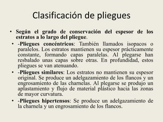 Clasificación de pliegues
• Según el grado de conservación del espesor de los
estratos a lo largo del pliegue.
• -Pliegues concéntricos: También llamados isopacos o
paralelos. Los estratos mantienen su espesor prácticamente
constante, formando capas paralelas. Al plegarse han
resbalado unas capas sobre otras. En profundidad, estos
pliegues se van atenuando.
• -Pliegues similares: Los estratos no mantienen su espesor
original. Se produce un adelgazamiento de los flancos y un
engrosamiento de las charnelas. Al plegarse se produjo un
aplastamiento y flujo de material plástico hacia las zonas
de mayor curvatura.
• -Pliegues hipertensos: Se produce un adelgazamiento de
la charnela y un engrosamiento de los flancos.

 