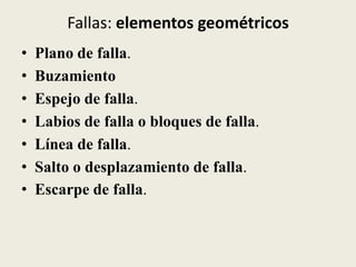 Fallas: elementos geométricos
•
•
•
•
•
•
•

Plano de falla.
Buzamiento
Espejo de falla.
Labios de falla o bloques de falla.
Línea de falla.
Salto o desplazamiento de falla.
Escarpe de falla.

 