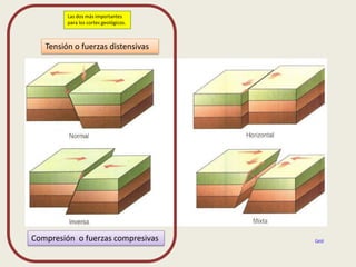 Las dos más importantes
para los cortes geológicos.

Tensión o fuerzas distensivas

Compresión o fuerzas compresivas

Carol

 