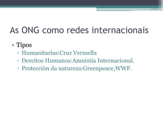 As ONG como redes internacionaisTiposHumanitarias:CruzVermellaDereitosHumanos:Amnistía Internacional.Protección da natureza:Greenpeace,WWF.