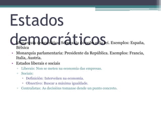 Estados democráticos Monarquía democrática: Soberanía do pobo e do rei. Exemplos: España, BélxicaMonarquía parlamentaria: Presidente da República. Exemplos: Francia, Italia, Austria.Estados liberais e sociaisLiberais: Non se meten na economía das empresas.Sociais:Definición: Interveñenna economía.Obxectivo: Buscar a máxima igualdade.Centralistas: As decisiónstomansedende un punto concreto.