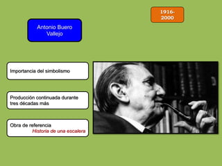 1916-
2000
Antonio Buero
Vallejo
Importancia del simbolismo
Producción continuada durante
tres décadas más
Obra de referencia
Historia de una escalera
 