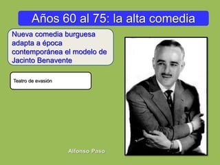 Años 60 al 75: la alta comedia
Nueva comedia burguesa
adapta a época
contemporánea el modelo de
Jacinto Benavente
Teatro de evasión
 