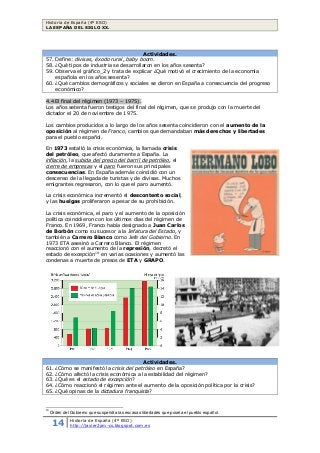 Historia de España (4º ESO)
LA ESPAÑA DEL SIGLO XX.
14 Historia de España (4º ESO)
http://javier2pm-cs.blogspot.com.es
Actividades.
57. Define: divisas, éxodo rural, baby boom.
58. ¿Qué tipos de industria se desarrollaron en los años sesenta?
59. Observa el gráfico_2 y trata de explicar ¿Qué motivó el crecimiento de la economía
española en los años sesenta?
60. ¿Qué cambios demográficos y sociales se dieron en España a consecuencia del progreso
económico?
4.4 El final del régimen (1973 – 1975).
Los años setenta fueron testigos del final del régimen, que se produjo con la muerte del
dictador el 20 de noviembre de 1975.
Los cambios producidos a lo largo de los años sesenta coincidieron con el aumento de la
oposición al régimen de Franco, cambios que demandaban más derechos y libertades
para el pueblo español.
En 1973 estalló la crisis económica, la llamada crisis
del petróleo, que afectó duramente a España. La
inflación, la subida del precio del barril de petróleo, el
cierre de empresas y el paro fueron sus principales
consecuencias. En España además coincidió con un
descenso de la llegada de turistas y de divisas. Muchos
emigrantes regresaron, con lo que el paro aumentó.
La crisis económica incrementó el descontento social,
y las huelgas proliferaron a pesar de su prohibición.
La crisis económica, el paro y el aumento de la oposición
política coincidieron con los últimos días del régimen de
Franco. En 1969, Franco había designado a Juan Carlos
de Borbón como su sucesor a la Jefatura del Estado, y
también a Carrero Blanco como Jefe del Gobierno. En
1973 ETA asesinó a Carrero Blanco. El régimen
reaccionó con el aumento de la represión, decretó el
estado de excepción19
en varias ocasiones y aumentó las
condenas a muerte de presos de ETA y GRAPO.
Actividades.
61. ¿Cómo se manifestó la crisis del petróleo en España?
62. ¿Cómo afectó la crisis económica a la estabilidad del régimen?
63. ¿Qué es el estado de excepción?
64. ¿Cómo reaccionó el régimen ante el aumento de la oposición política por la crisis?
65. ¿Qué opinas de la dictadura franquista?
19
Orden del Gobierno que suspendía las escasas libertades que poseía el pueblo español.
 