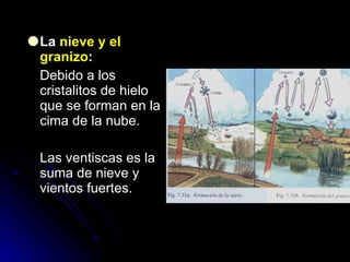 La  nieve y el granizo : Debido a los cristalitos de hielo que se forman en la cima de la nube. Las ventiscas es la suma de nieve y vientos fuertes. 