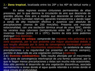 2.-  Zona tropical , localizada entre los 20º y los 40º de latitud norte y sur. En estas regiones existen cinturones perma...