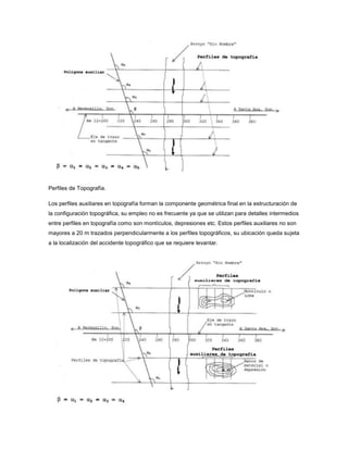 Perfiles de Topografía.
Los perfiles auxiliares en topografía forman la componente geométrica final en la estructuración de
la configuración topográfica, su empleo no es frecuente ya que se utilizan para detalles intermedios
entre perfiles en topografía como son montículos, depresiones etc. Estos perfiles auxiliares no son
mayores a 20 m trazados perpendicularmente a los perfiles topográficos, su ubicación queda sujeta
a la localización del accidente topográfico que se requiere levantar.
 