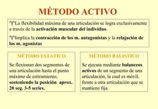 MÉTODO ACTIVO
    La flexibilidad máxima de una articulación se logra exclusivamente
a través de la activación muscular del individuo.
   Implica la contracción de los m. antagonistas y la relajación de
los m. agonistas

   MÉTODO ESTATICO                      MÉTODO BALISTICO
Se flexionan dos segmentos de       Se ejecuta mediante balanceos
una articulación hasta el punto     activos de un segmento de una
máximo de estiramiento,             articulación, la cual es móvil,
sosteniendo la posición aprox.      frente a otra articulación que se
20 seg. 3-5 series.                 mantiene fija.
 