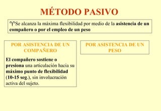 MÉTODO PASIVO
   Se alcanza la máxima flexibilidad por medio de la asistencia de un
 compañero o por el empleo de un peso


  POR ASISTENCIA DE UN               POR ASISTENCIA DE UN
      COMPAÑERO                              PESO
El compañero sostiene o
presiona una articulación hacia su
máximo punto de flexibilidad
(10-15 seg.), sin involucración
activa del sujeto.
 