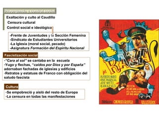Propaganda y control socialPropaganda y control social
Censura cultural
-Frente de Juventudes y la Sección Femenina
-Sindicato de Estudiantes Universitarios
-La Iglesia (moral social, pecado)
-Asignatura Formación del Espíritu Nacional
Exaltación y culto al Caudillo
Control social e ideológico
-“Cara al sol” se cantaba en la escuela
-Yugo y flechas, “caídos por Dios y por España”
adornaban fachadas de iglesias y edificios
-Retratos y estatuas de Franco con obligación del
saludo fascista
Fascistización social
Cultura
-Se empobreció y aisló del resto de Europa
-La censura en todas las manifestaciones
 