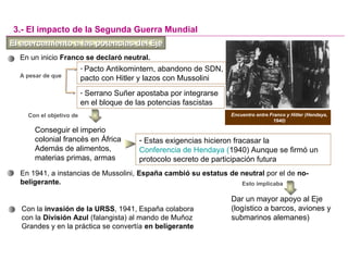 El acercamiento a las potencias del EjeEl acercamiento a las potencias del Eje
En un inicio Franco se declaró neutral*
- Serrano Suñer apostaba por integrarse
en el bloque de las potencias fascistas
A pesar de que
Encuentro entre Franco y Hitler (Hendaya,
1940)
3.- El impacto de la Segunda Guerra Mundial
Con el objetivo de
Conseguir el imperio
colonial francés en África
Además de alimentos,
materias primas, armas
- Estas exigencias hicieron fracasar la
Conferencia de Hendaya (1940) Aunque se firmó un
protocolo secreto de participación futura
En 1941, a instancias de Mussolini, España cambió su estatus de neutral por el de no-
beligerante* Esto implicaba
Dar un mayor apoyo al Eje
(logístico a barcos, aviones y
submarinos alemanes)
Con la invasión de la URSS, 1941, España colabora
con la División Azul (falangista) al mando de Muñoz
Grandes y en la práctica se convertía en beligerante
- Pacto Antikomintern, abandono de SDN,
pacto con Hitler y lazos con Mussolini
 