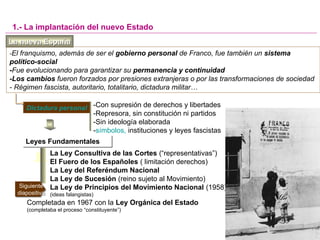 Leyes FundamentalesLeyes Fundamentales
La nueva EspañaLa nueva España
1.- La implantación del nuevo Estado
Dictadura personal
La Ley Consultiva de las Cortes (“representativas”)
El Fuero de los Españoles ( limitación derechos)
La Ley del Referéndum Nacional
La Ley de Sucesión (reino sujeto al Movimiento)
La Ley de Principios del Movimiento Nacional (1958)
(ideas falangistas)
-Con supresión de derechos y libertades
-Represora, sin constitución ni partidos
-Sin ideología elaborada
-símbolos, instituciones y leyes fascistas
Completada en 1967 con la Ley Orgánica del Estado
(completaba el proceso “constituyente”)
Siguiente
diapositiva
Siguiente
diapositiva
-El franquismo, además de ser el gobierno personal de Franco, fue también un sistema
político-social
-Fue evolucionando para garantizar su permanencia y continuidad
-Los cambios fueron forzados por presiones extranjeras o por las transformaciones de sociedad
- Régimen fascista, autoritario, totalitario, dictadura militar…
 