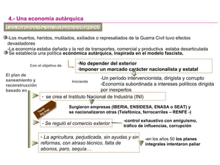 Las razones de un sistema autárquicoLas razones de un sistema autárquico
-Los muertos, heridos, mutilados, exiliados o represaliados de la Guerra Civil tuvo efectos
devastadores
-La economía estaba dañada y la red de transportes, comercial y productiva estaba desarticulada
-No depender del exterior
-Imponer un marcado carácter nacionalista y estatal
4.- Una economía autárquica
Con el objetivo de
Se establecía una política económica autárquica, inspirada en el modelo fascista,
-Un período intervencionista, dirigista y corrupto
-Economía subordinada a intereses políticos dirigida
por inexpertos
- se crea el Instituto Nacional de Industria (INI)
- Se reguló el comercio exterior
-control exhaustivo con amiguismo,
tráfico de influencias, corrupción
Iniciando
Surgieron empresas (IBERIA, ENSIDESA, ENASA o SEAT) y
se nacionalizaron otras (Telefónica, ferrocarriles – RENFE -)Texto
Sig.diap.
El plan de
saneamiento y
reconstrucción
basado en
- La agricultura, perjudicada, sin ayudas y sin
reformas, con atraso técnico, falta de
abonos, paro, sequía…
-en los años 50 los planes
integrales intentaron paliar
 
