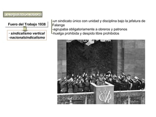 Fuero del Trabajo 1938Fuero del Trabajo 1938
La legislación laboralLa legislación laboral
-un sindicato único con unidad y disciplina bajo la jefatura de
Falange
-agrupaba obligatoriamente a obreros y patronos
-huelga prohibida y despido libre prohibidos- sindicalismo vertical
-nacionalsindicalismo
 