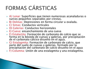  A) Lenar: Superficies que tienen numerosas acanaladuras o
surcos pequeños separados por crestas.
 B) Dolinas: Depresiones en forma circular u ovalada.
 C) Simas: Conductos verticales
 D) Galerías: Conductos horizontales
 E) Cueva: ensanchamiento de una cueva
 F) Estalactita: Formación de carbonato de calcio que se
forma en la bóveda de cuevas y galerías, por precipitación
de el carbonato cálcico disuelto en el agua.
 G) Estalagmita: Formación de carbonato de calcio, que
parte del suelo de cuevas y galerías, formado por la
precipitación del carbonato de calcio disuelto en el agua
 F) Columna: Unión de una estalagmita y una estalagmita.
 