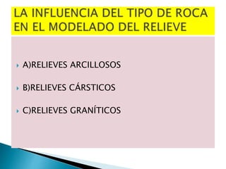  A)RELIEVES ARCILLOSOS
 B)RELIEVES CÁRSTICOS
 C)RELIEVES GRANÍTICOS
 