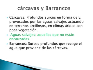  Cárcavas: Profundos surcos en forma de v,
provocados por las aguas salvajes actuando
en terrenos arcillosos, en climas áridos con
poca vegetación.
 Aguas salvajes: aquellas que no están
encauzadas
 Barrancos: Surcos profundos que recoge el
agua que proviene de las cárcavas.
 
