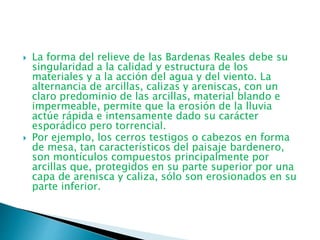  La forma del relieve de las Bardenas Reales debe su
singularidad a la calidad y estructura de los
materiales y a la acción del agua y del viento. La
alternancia de arcillas, calizas y areniscas, con un
claro predominio de las arcillas, material blando e
impermeable, permite que la erosión de la lluvia
actúe rápida e intensamente dado su carácter
esporádico pero torrencial.
 Por ejemplo, los cerros testigos o cabezos en forma
de mesa, tan característicos del paisaje bardenero,
son montículos compuestos principalmente por
arcillas que, protegidos en su parte superior por una
capa de arenisca y caliza, sólo son erosionados en su
parte inferior.
 