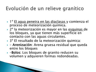  1º El agua penetra en las diaclasas y comienza el
proceso de meteorización química.
 2º la meteorización es mayor en las esquinas de
los bloques, ya que tienen más superficie en
contacto con las aguas circulantes.
 3º El resultado de la meteorización quimica:
 - Arenización: Arena gruesa residual que queda
entre los bloques
 -Bolos: Los bloques de granito reducen su
volumen y adquieren formas redondeadas.
 