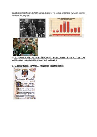 Calvo Sotelo (23 de febrero de 1981). La falta de apoyos y la postura contraria del rey fueron decisivos
para el fracaso del golpe.
2)-LA CONSTITUCIÓN DE 1978: PRINCIPIOS, INSTITUCIONES Y ESTADO DE LAS
AUTONOMÍAS. LA COMUNIDAD DE CASTILLA LA MANCHA
A)- LA CONSTITUCIÓN ESPAÑOLA.: PRINCIPIOS E INSTITUCIONES
 
