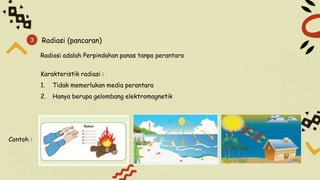 3 Radiasi (pancaran)
Radiasi adalah Perpindahan panas tanpa perantara
Karakteristik radiasi :
1. Tidak memerlukan media perantara
2. Hanya berupa gelombang elektromagnetik
Contoh :
 