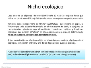 Nicho ecológico
Eduardo Gómez La Ecosfera 15
Cada una de las especies del ecosistema tiene su HABITAT (espacio físico que
reúne las condiciones físico-químicas adecuadas para que esa especie pueda vivir.
También, cada especie tiene su NICHO ECOLÓGICO, que supone el papel, la
función que cada especie desempeña en el ecosistema. Es decir, el conjunto de
circunstancias, relaciones con el ambiente, conexiones tróficas y funciones
ecológicas que definen el “oficio” en el ecosistema de esa especie determinada.
No es un espacio o territorio con demarcación física.
Si dos especies tienen el mismo oficio en el ecosistema, es decir, el mismo nicho
ecológico, competirán entre sí y una de las dos especies quedará excluida.
Puede ser útil considerar al hábitat como la dirección de un organismo (donde
vive) y al nicho ecológico como su profesión (lo que hace biológicamente).
 