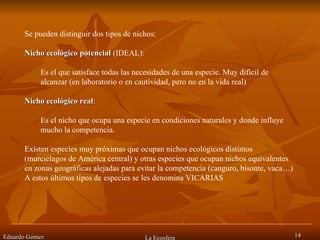 Eduardo Gómez La Ecosfera Se pueden distinguir dos tipos de nichos: Nicho ecológico potencial  (IDEAL):  Es el que satisface todas las necesidades de una especie. Muy difícil de alcanzar (en laboratorio o en cautividad, pero no en la vida real) Nicho ecológico real :  Es el nicho que ocupa una especie en condiciones naturales y donde influye mucho la competencia. Existen especies muy próximas que ocupan nichos ecológicos distintos (murciélagos de América central) y otras especies que ocupan nichos equivalentes en zonas geográficas alejadas para evitar la competencia (canguro, bisonte, vaca…) A estos últimos tipos de especies se les denomina VICARIAS 