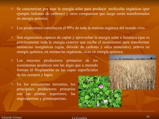 Eduardo Gómez La Ecosfera Se caracterizan por usar la energía solar para producir  moléculas orgánicas (por ejemplo hidratos de carbono) y otros compuestos que luego serán transformados en energía química.  Los productores constituyen el 99% de toda la materia orgánica del mundo vivo. Son organismos capaces de captar y aprovechar la energía solar o lumínica (que es prácticamente toda la energía exterior que recibe el ecosistema) para transformar sustancias inorgánicas (agua, dióxido de carbono y sales minerales), pobres en energía química, en sustancias orgánicas, ricas en energía química.  En los ecosistemas terrestres, los principales productores primarios son las plantas superiores, las angiospermas y gimnospermas.  Los mayores productores primarios de los ecosistemas acuáticos son las algas que a menudo forman el fitoplancton en las capas superficiales de los océanos y lagos.  