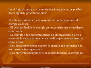 Eduardo Gómez La Ecosfera En el flujo de energía y de nutrientes inorgánicos, es posible hacer algunas generalizaciones:  La fuente primaria (en la mayoría de los ecosistemas) de energía es el sol. El destino final de la energía en los ecosistemas es perderse como calor. La energía y los nutrientes pasan de un organismo a otro a través de la cadena alimenticia a medida que un organismo se come a otro. Los descomponedores extraen la energía que permanece en los restos de los organismos. Los nutrientes inorgánicos son reciclados pero la energía no. 