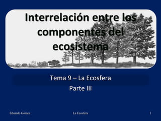 Interrelación entre los
componentes del
ecosistema
Tema 9 – La Ecosfera
Parte III
Eduardo Gómez La Ecosfera 1
 