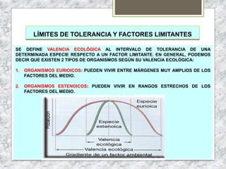 LÍMITES DE TOLERANCIA Y FACTORES LIMITANTES
SE DEFINE VALENCIA ECOLÓGICA AL INTERVALO DE TOLERANCIA DE UNA
DETERMINADA ESPECIE RESPECTO A UN FACTOR LIMITANTE. EN GENERAL, PODEMOS
DECIR QUE EXISTEN 2 TIPOS DE ORGANISMOS SEGÚN SU VALENCIA ECOLÓGICA:
1. ORGANISMOS EURIOICOS: PUEDEN VIVIR ENTRE MÁRGENES MUY AMPLIOS DE LOS
FACTORES DEL MEDIO.
2. ORGANISMOS ESTENOICOS: PUEDEN VIVIR EN RANGOS ESTRECHOS DE LOS
FACTORES DEL MEDIO.
 