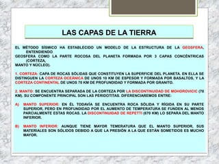 LAS CAPAS DE LA TIERRA
EL MÉTODO SÍSMICO HA ESTABLECIDO UN MODELO DE LA ESTRUCTURA DE LA GEOSFERA,
ENTENDIENDO
GEOSFERA COMO LA PARTE ROCOSA DEL PLANETA FORMADA POR 3 CAPAS CONCÉNTRICAS
(CORTEZA,
MANTO Y NÚCLEO).
1. CORTEZA: CAPA DE ROCAS SÓLIDAS QUE CONSTITUYEN LA SUPERFICIE DEL PLANETA. EN ELLA SE
DISTINGUEN LA CORTEZA OCEÁNICA DE UNOS 10 KM DE ESPESOR Y FORMADA POR BASALTOS, Y LA
CORTEZA CONTINENTAL DE UNOS 70 KM DE PROFUNDIDAD Y FORMADA POR GRANITO.
2. MANTO: SE ENCUENTRA SEPARADA DE LA CORTEZA POR LA DISCONTINUIDAD DE MOHOROVICIC (70
KM). SU COMPONENTE PRINCIPAL SON LAS PERIDOTITAS. DIFERENCIAREMOS ENTRE:
A) MANTO SUPERIOR: EN ÉL TODAVÍA SE ENCUENTRA ROCA SÓLIDA Y RÍGIDA EN SU PARTE
SUPERIOR, PERO EN PROFUNDIDAD POR EL AUMENTO DE TEMPERATURA SE FUNDEN AL MENOS
PARCIALMENTE ESTAS ROCAS. LA DISCONTINUIDAD DE REPETTI (670 KM) LO SEPARA DEL MANTO
INFERIOR.
B) MANTO INFERIOR: AUNQUE TIENE MAYOR TEMERATURA QUE EL MANTO SUPERIOR, SUS
MATERIALES SON SÓLIDOS DEBIDO A QUE LA PRESIÓN A LA QUE ESTÁN SOMETIDOS ES MUCHO
MAYOR.
 