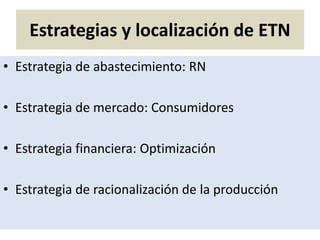 Estrategias y localización de ETN
• Estrategia de abastecimiento: RN
• Estrategia de mercado: Consumidores
• Estrategia financiera: Optimización
• Estrategia de racionalización de la producción
 
