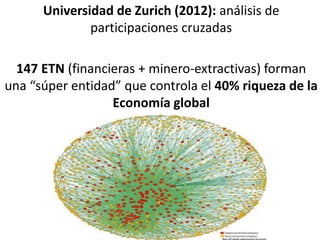 Universidad de Zurich (2012): análisis de
participaciones cruzadas
147 ETN (financieras + minero-extractivas) forman
una “súper entidad” que controla el 40% riqueza de la
Economía global
 