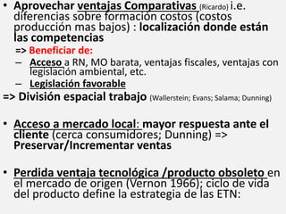 • Aprovechar ventajas Comparativas (Ricardo) i.e.
diferencias sobre formación costos (costos
producción mas bajos) : localización donde están
las competencias
=> Beneficiar de:
– Acceso a RN, MO barata, ventajas fiscales, ventajas con
legislación ambiental, etc.
– Legislación favorable
=> División espacial trabajo (Wallerstein; Evans; Salama; Dunning)
• Acceso a mercado local: mayor respuesta ante el
cliente (cerca consumidores; Dunning) =>
Preservar/Incrementar ventas
• Perdida ventaja tecnológica /producto obsoleto en
el mercado de origen (Vernon 1966); ciclo de vida
del producto define la estrategia de las ETN:
 