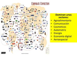Dominan unos
sectores:
• Agroalimentario
• Comunicación
• Cosmeticos
• Automotriz
• Energía
• Economía digital
• Aeroespacial
 